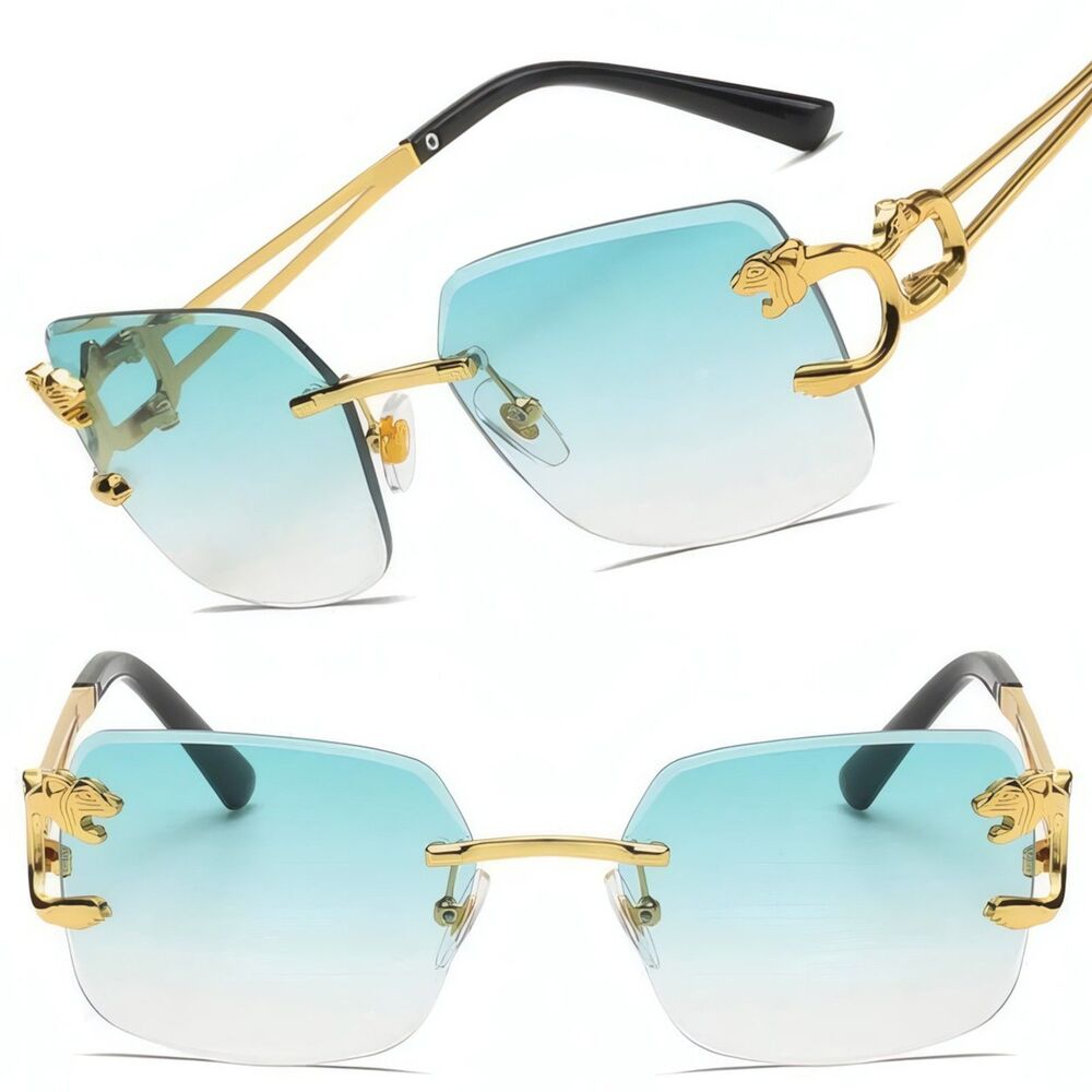Luxury Look Rich Rimless Diamond Cut Green Lens Hip Hop Style Gold Eye Glasses